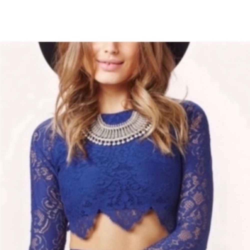 For Love And Lemons Blue Lace Crop Top with Long Sleeves